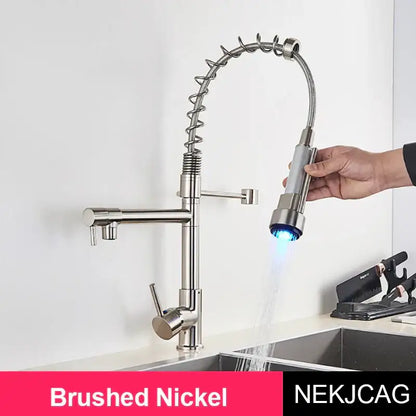 Brushed nickel decorbites led spring kitchen faucet with flexible coiled spring neck and illuminated spray head