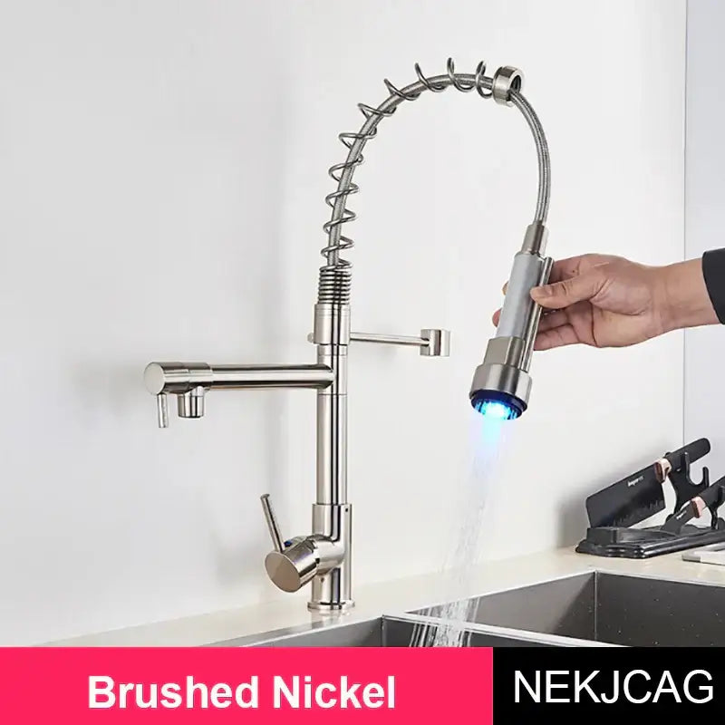 Brushed nickel decorbites led spring kitchen faucet with flexible coiled spring neck and illuminated spray head
