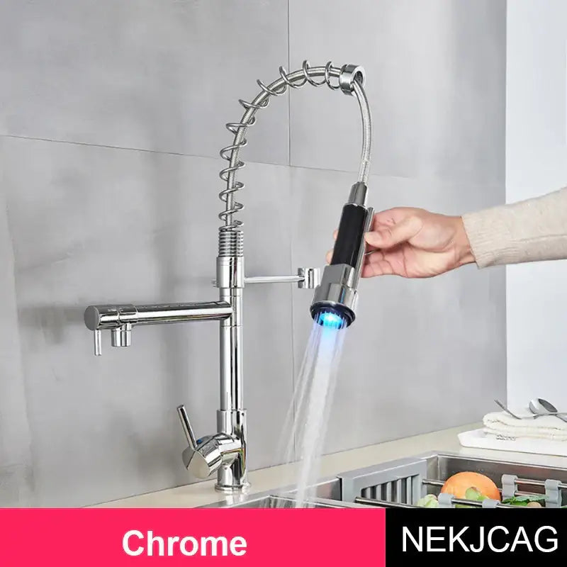 Chrome finished decorbites led spring kitchen faucet with flexible coiled spout and black handle accents for hot cold mixing