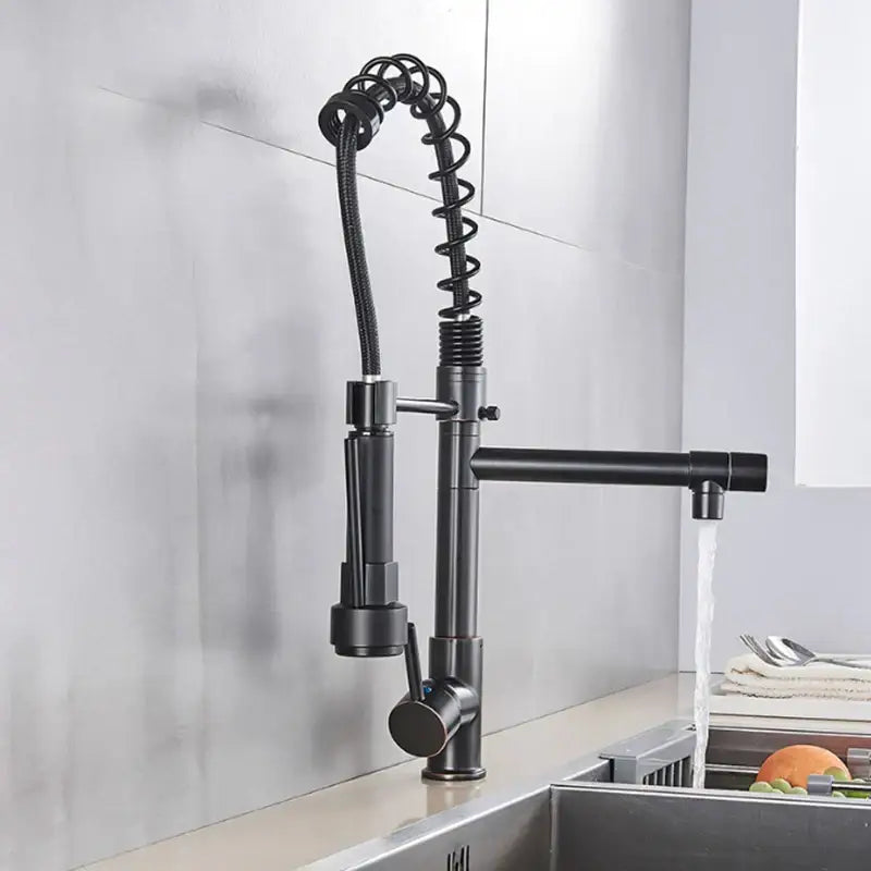 Black matte finish decorbites led spring kitchen faucet with coiled spring hose and pull down dual swivel spout
