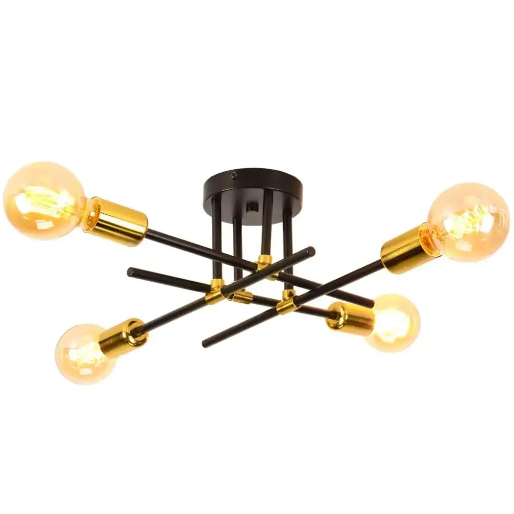 Black and gold modern decorbites led sputnik ceiling light with four exposed filament bulbs for bedroom and living room