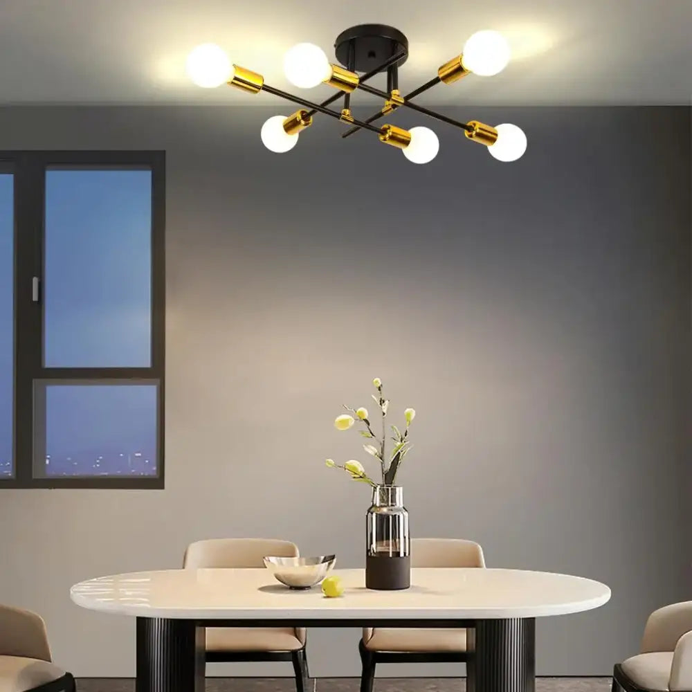 Modern black and gold decorbites led sputnik chandelier with six spherical bulbs for bedroom ceiling light