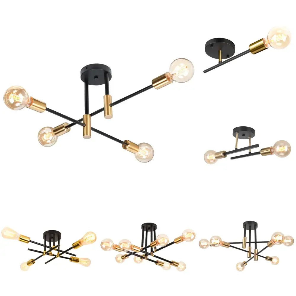 Black and brass decorbites led sputnik chandelier with multiple exposed filament bulbs for ceiling light fixtures