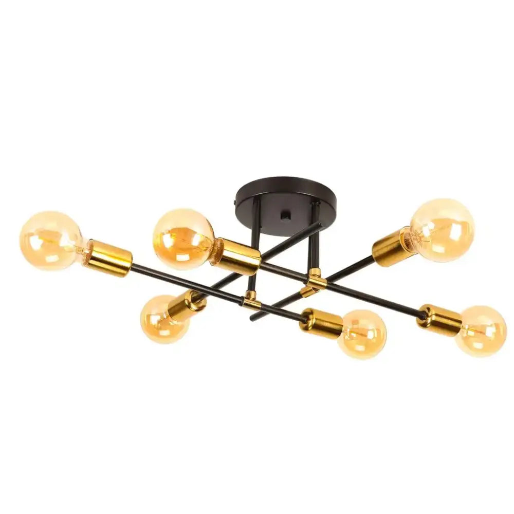 Black and gold decorbites led sputnik ceiling light with six exposed filament bulbs for bedroom and living room