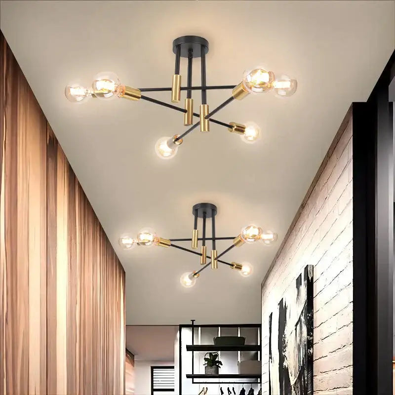 Black and brass decorbites led sputnik chandelier ceiling light with multiple exposed bulb arms for bedroom living room