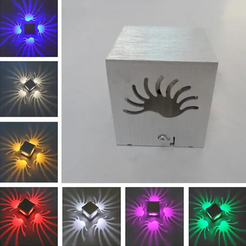 Silver cube-shaped decorbites led square aluminum wall lamp with sunburst cutout and multicolor lighting options