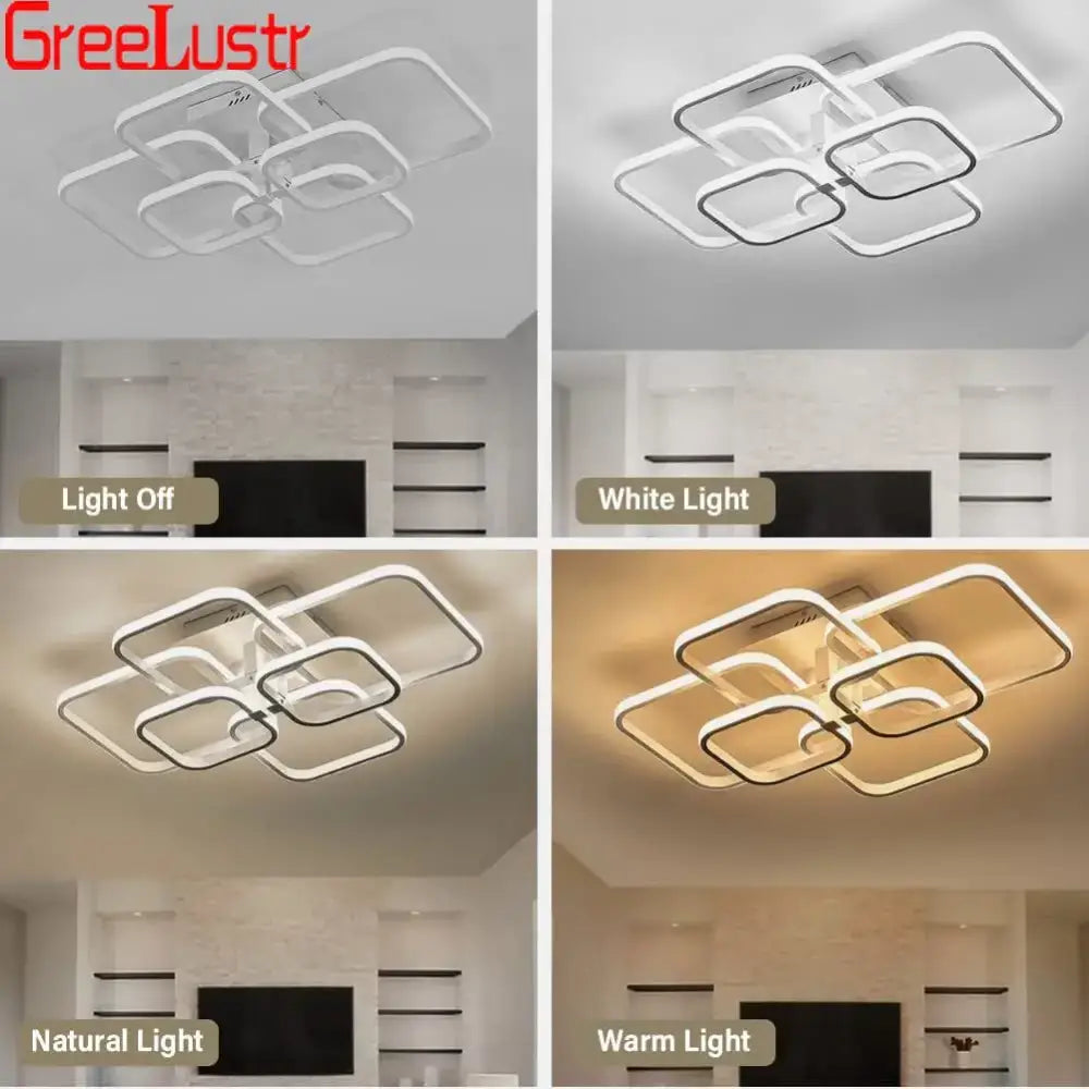 Modern white DecorBites LED square chandelier ceiling light with sleek geometric design and multiple lighting modes for living room