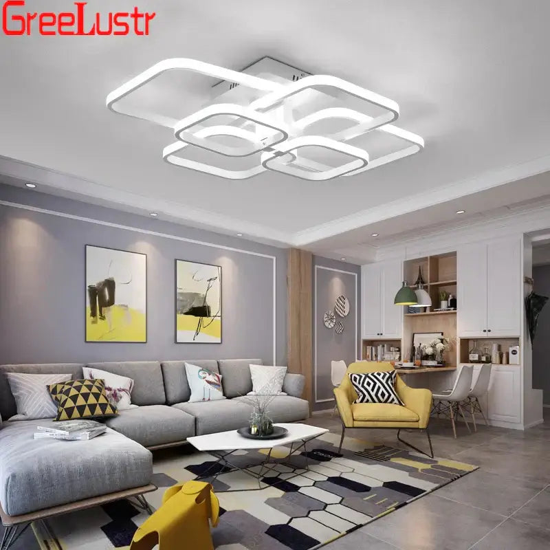 Modern white rectangular decorbites led square chandelier ceiling light with sleek layered geometric design for living room