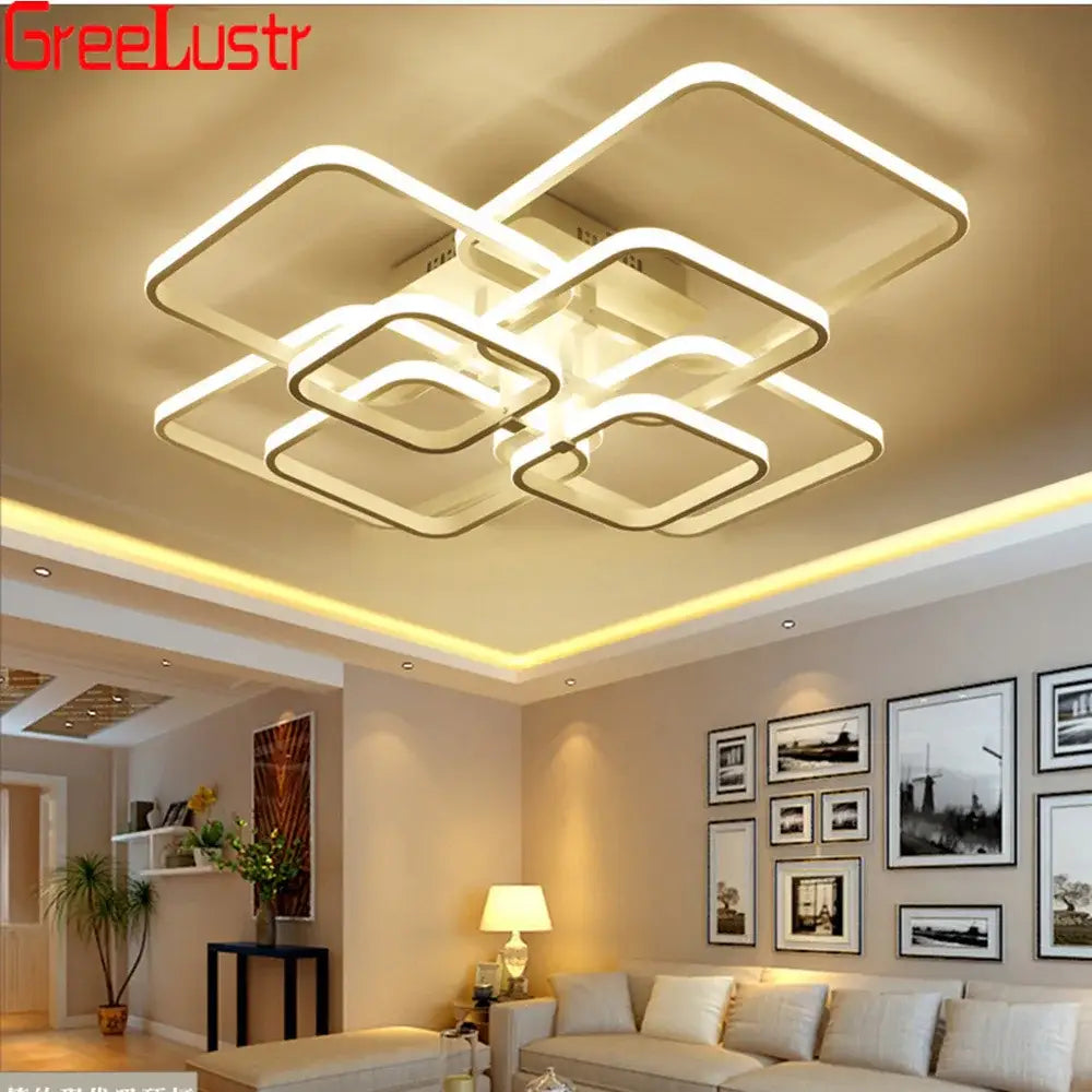 Modern rectangular decorbites led square chandelier ceiling light with sleek white frame and glowing inner illumination