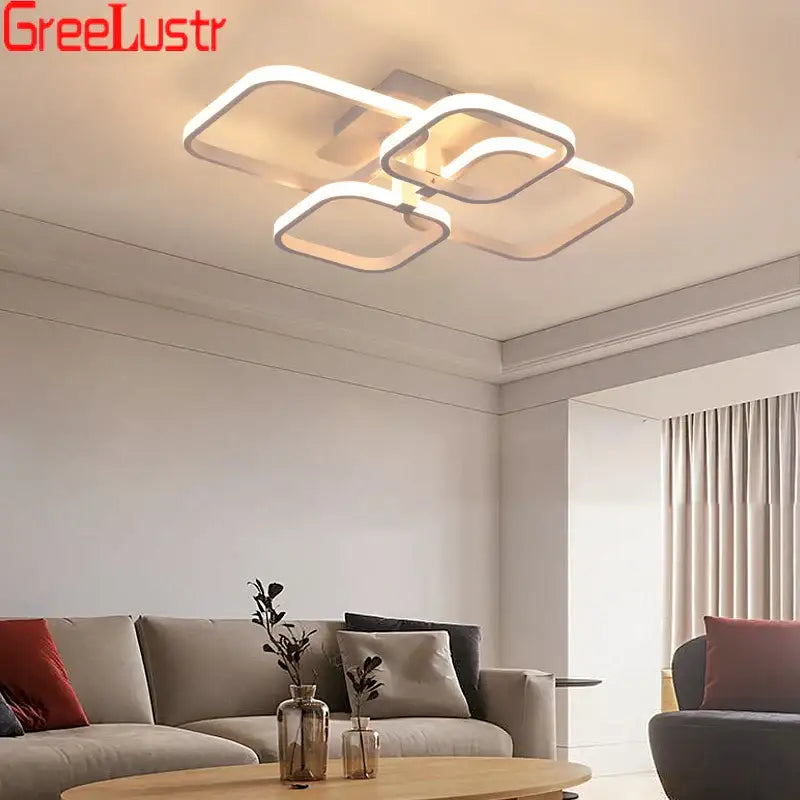 Modern white rectangular decorbites led square chandelier ceiling light with sleek geometric design and warm ambient glow