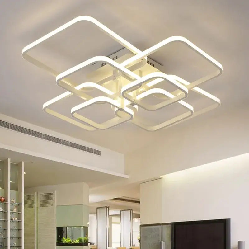 Modern white DecorBites LED square chandelier ceiling light with layered rectangular frames for living room and bedroom