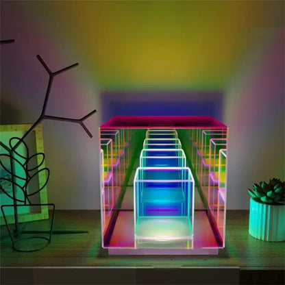 DecorBites led square color table lamp featuring nested transparent acrylic cubes with vibrant rainbow illumination