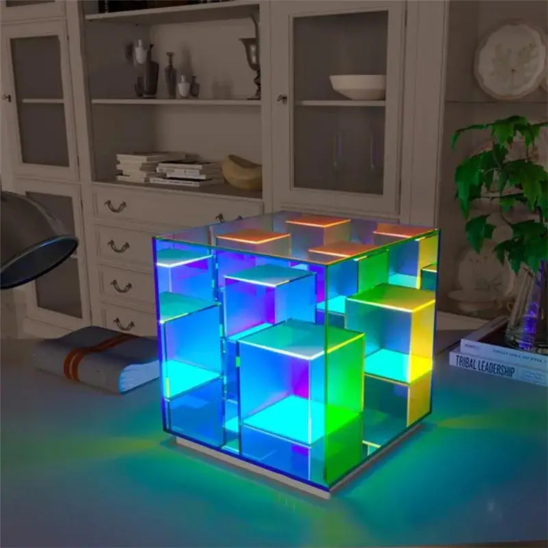 DecorBites led square color cube table lamp with translucent multi-colored glowing panels for home bedroom decor