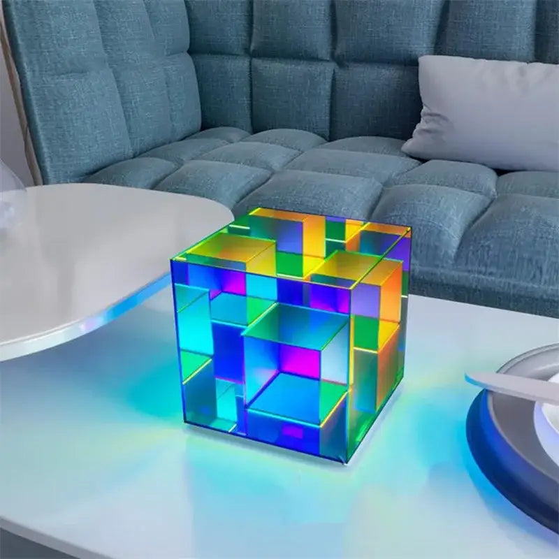A decorbites led square translucent cube table lamp with geometric design and rainbow-colored led square color lighting