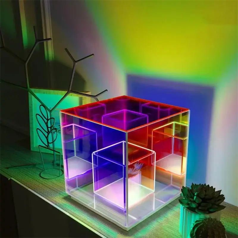 Decorbites led square color cube table lamp with translucent multi-colored nested geometric compartments for home decor