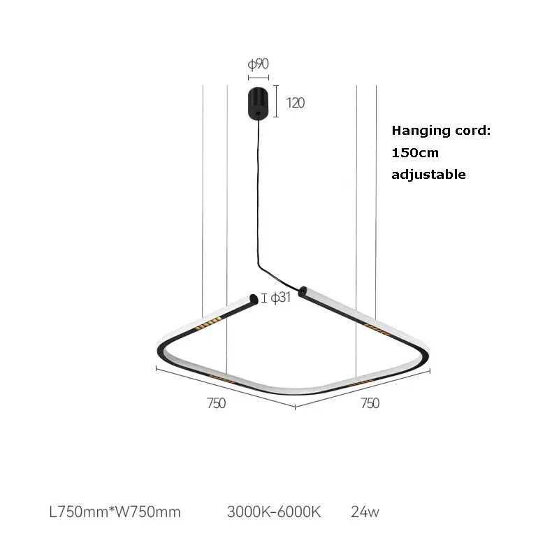 Modern minimalist decorbites led square sensor chandelier with sleek curved metallic frame and black accents for living room lighting