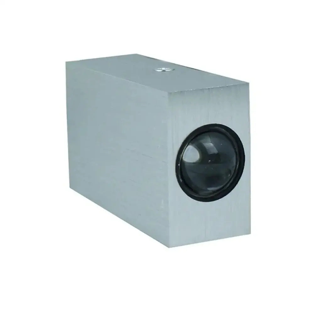 Silver rectangular camera housing with black circular lens on decorbites led square modern up down wall lamp