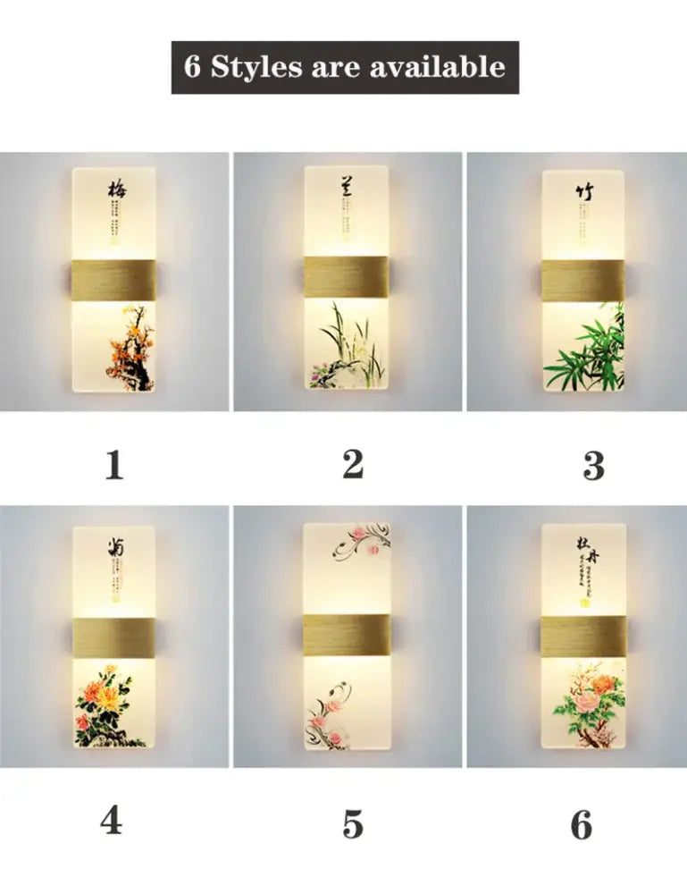Six decorbites led square wall lamps with frosted glass, botanical illustrations, and gold accents for indoor lighting