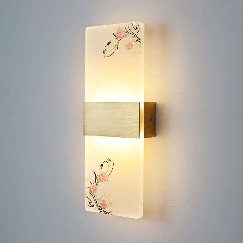 DecorBites led square wall lamp with frosted glass pink rose panel and brushed gold bar for modern indoor lighting