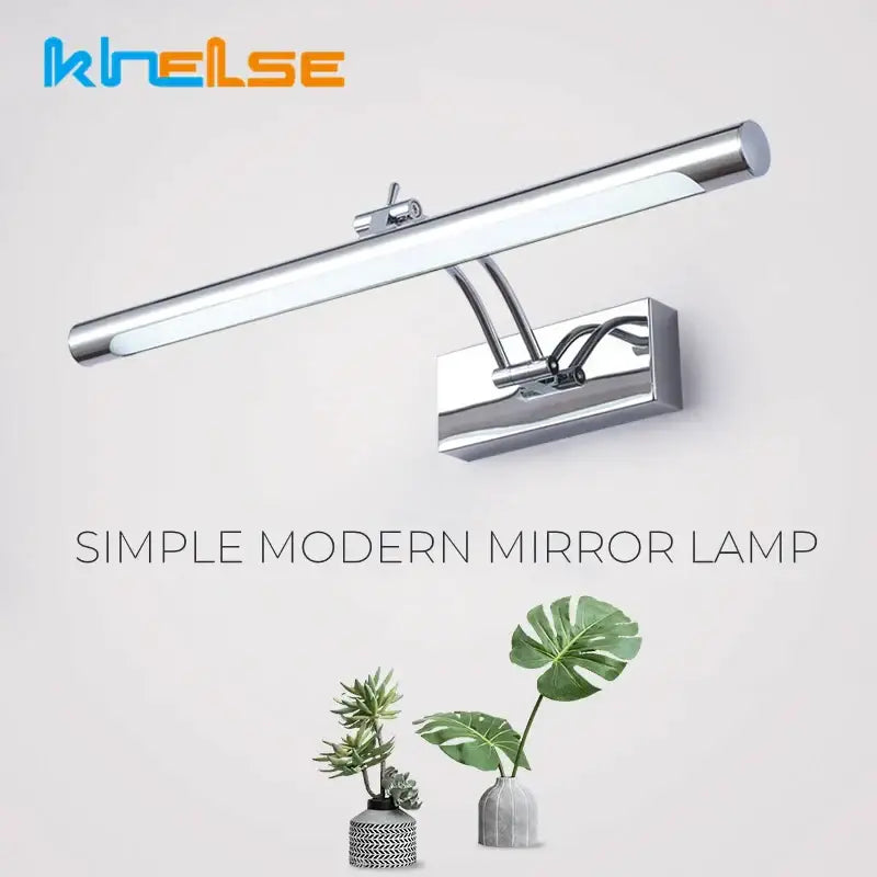 Chrome-finished decorbites led stainless steel wall lamp with elongated rectangular mirror and adjustable arm for bathroom use