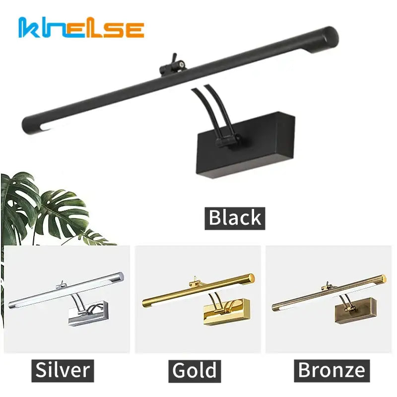 Black matte stainless steel DecorBites LED wall lamp with sleek rectangular design and adjustable arm for bathroom use