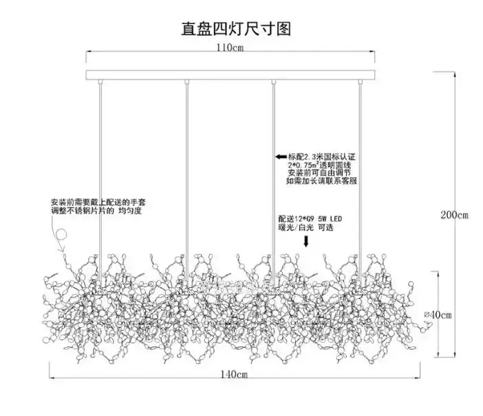 Technical schematic of decorbites™ led stainless steel chandelier pendant light with organic filament design for modern decor