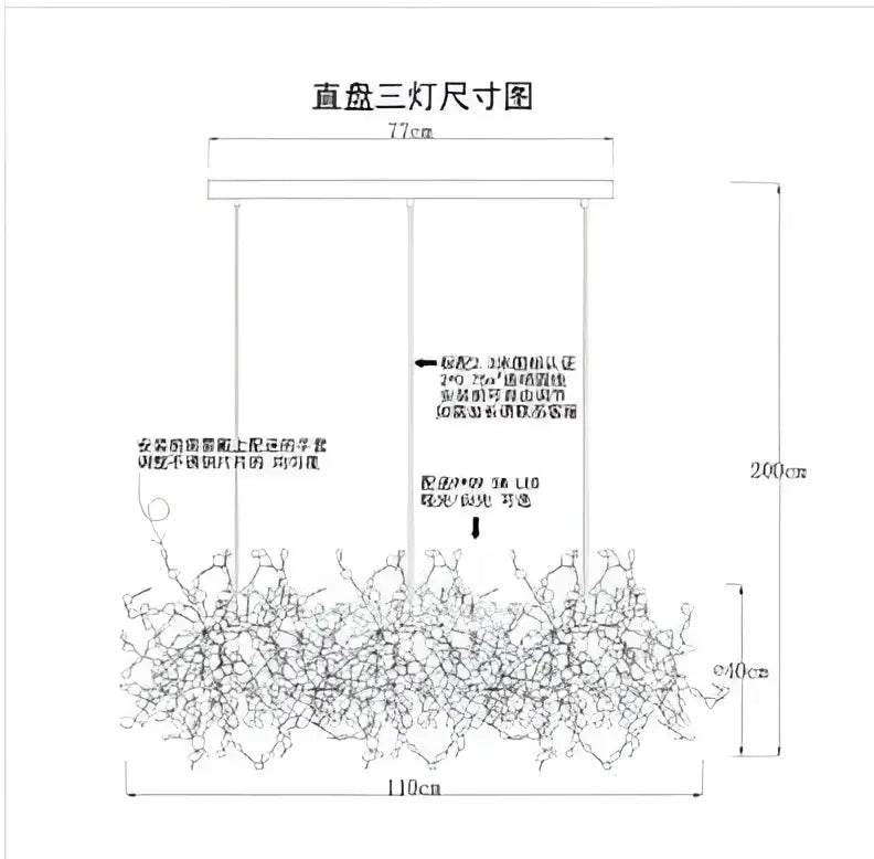 Schematic diagram of decorbites™ led stainless steel chandelier pendant lights with three light fixtures and dimensions in chinese