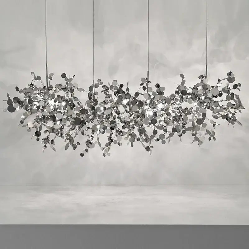 Silver metallic leaf pendant chandelier in led stainless steel with modern organic design for home decor lighting