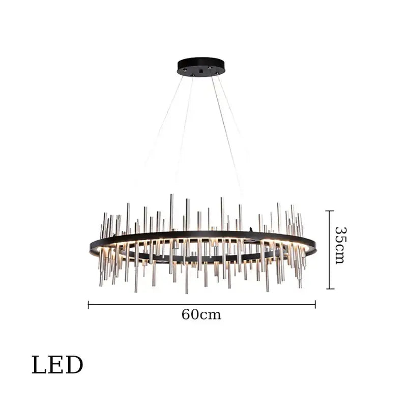 Modern black and silver pendant light with stainless steel frame and vertical rods by DecorBites led stainless for home decor