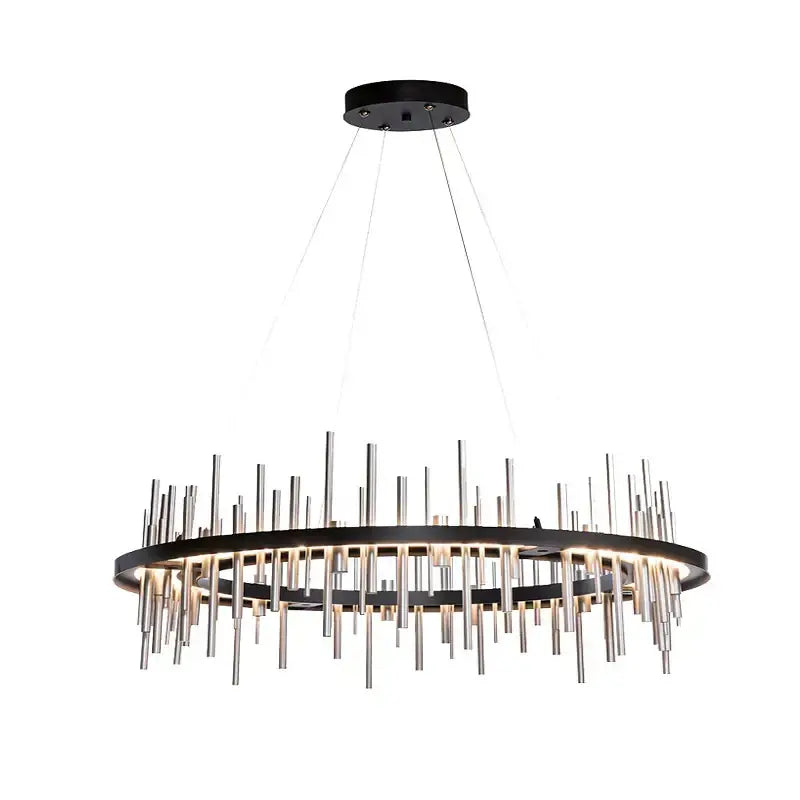 Modern black and chrome circular pendant light with vertical stainless steel rods from decorbites led stainless collection