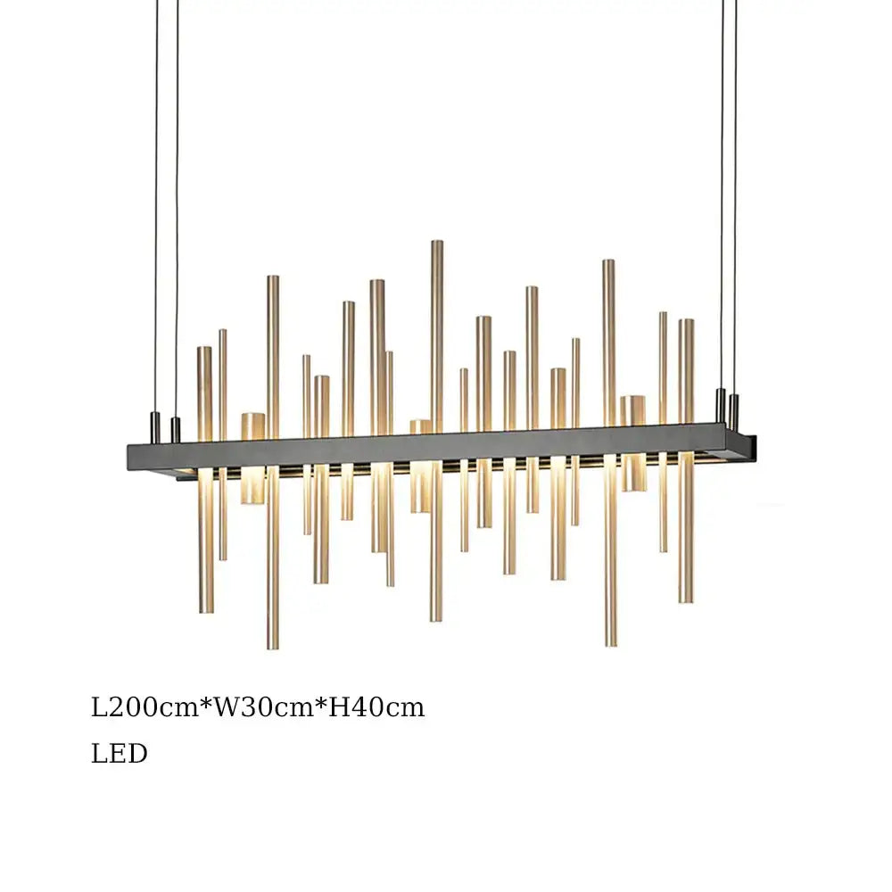 Modern rectangular decorbites led stainless steel pendant light chandelier with black frame and gold rods for home decor