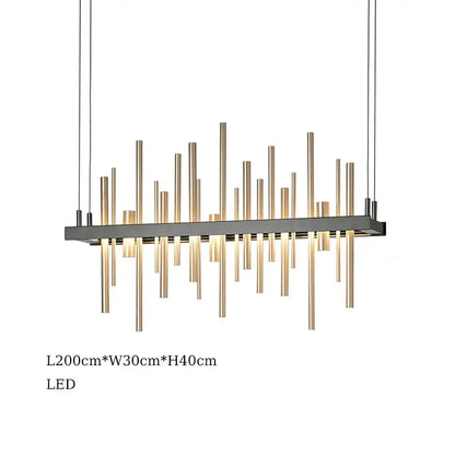 Modern rectangular decorbites led stainless steel pendant light chandelier with black frame and gold rods for home decor