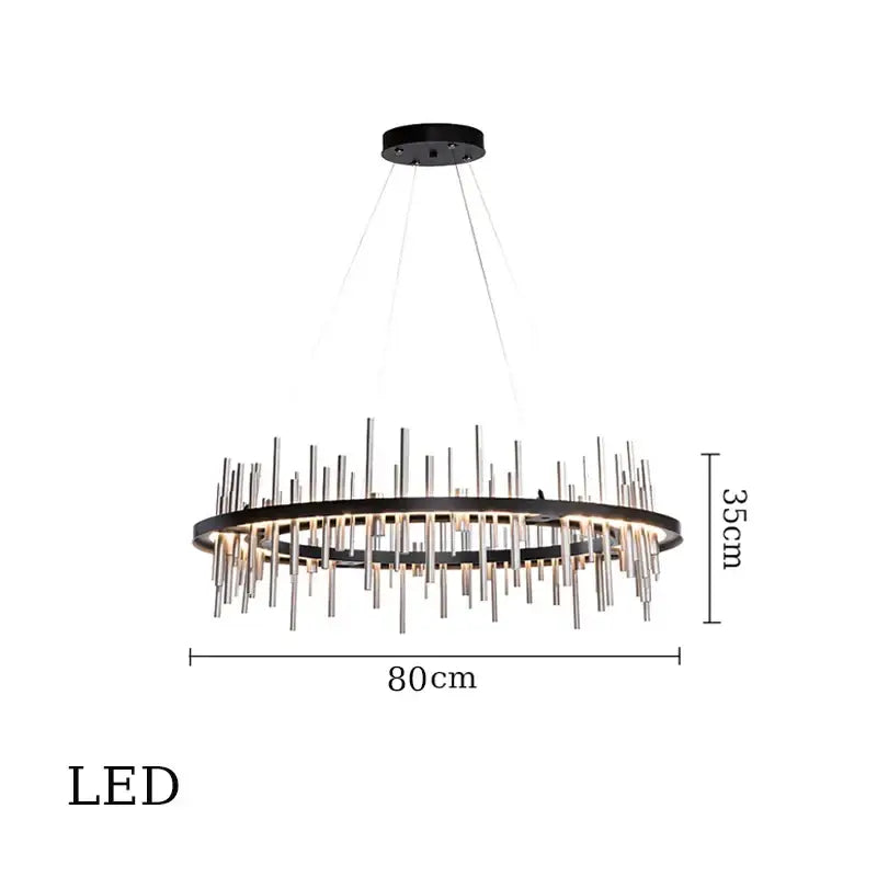Modern black and silver DecorBites led stainless steel pendant light chandelier with circular frame and vertical rods for home decor