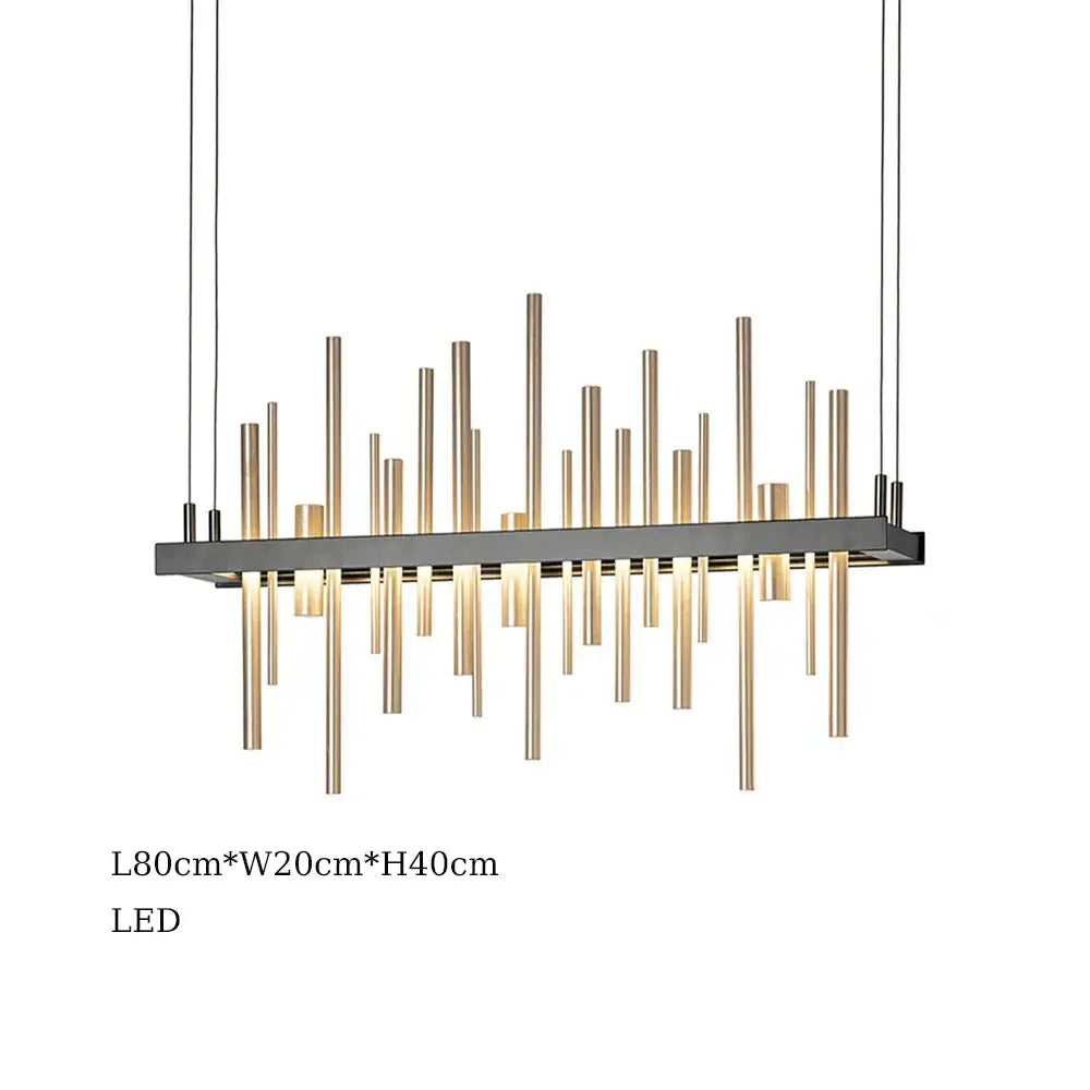 Modern decorbites led stainless steel pendant light with black frame and gold rods emitting warm illumination for home decor