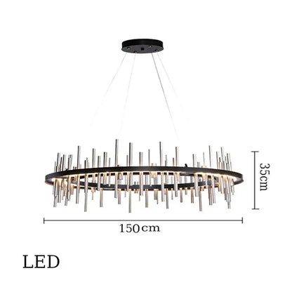 Modern black and silver DecorBites LED stainless steel pendant light chandelier with circular frame and vertical rods for home decor