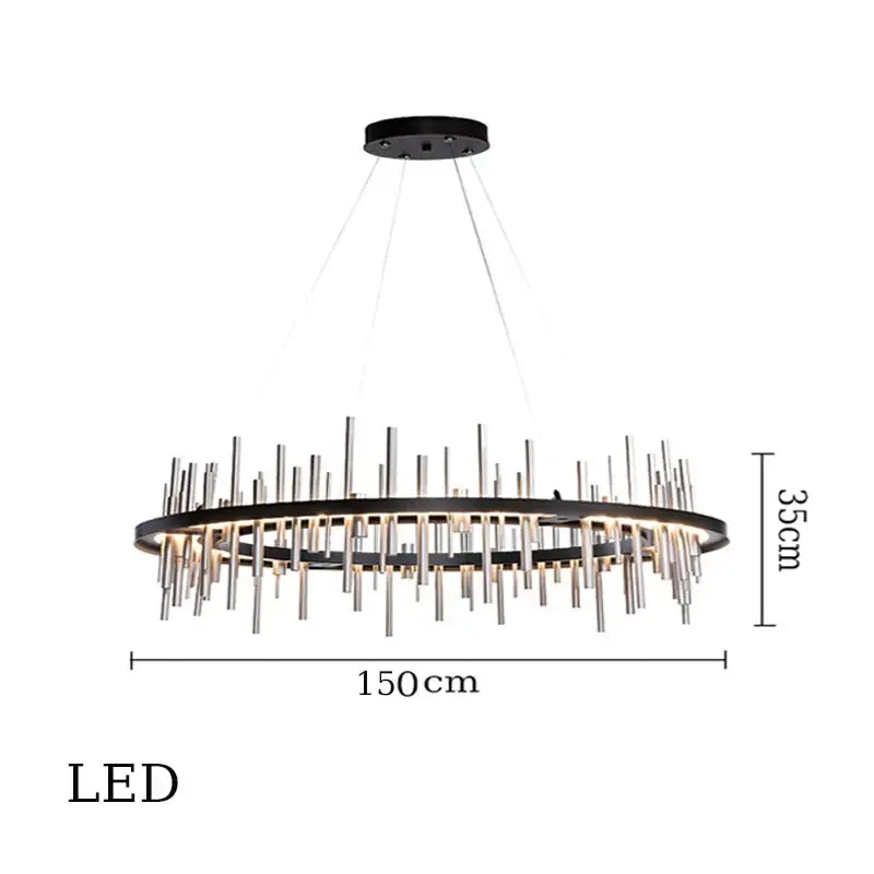 Modern black and silver DecorBites LED stainless steel pendant light chandelier with circular frame and vertical rods for home decor