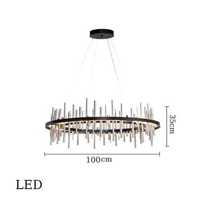 Modern black and silver pendant light with stainless steel circular frame and vertical rods by DecorBites LED Stainless