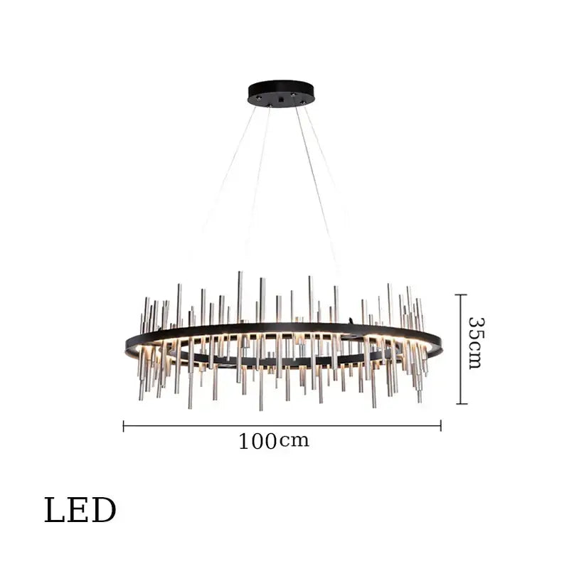 Modern black and silver pendant light with stainless steel circular frame and vertical rods by DecorBites LED Stainless