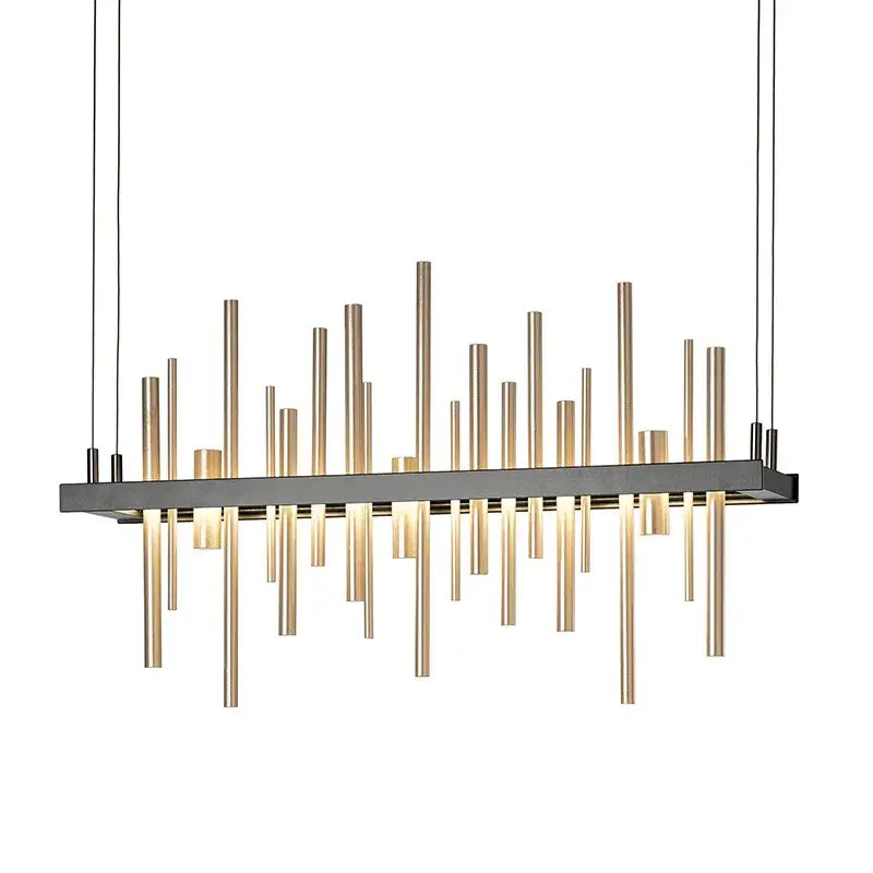 Modern rectangular decorbites led stainless steel pendant light with black frame and brass rods emitting warm illumination