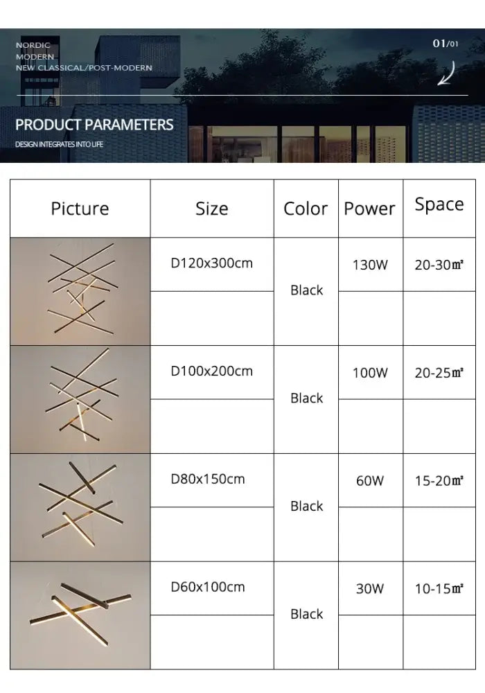 Black modern minimalist DecorBites™ LED stair ceiling chandelier with intersecting slender rods for living room lighting