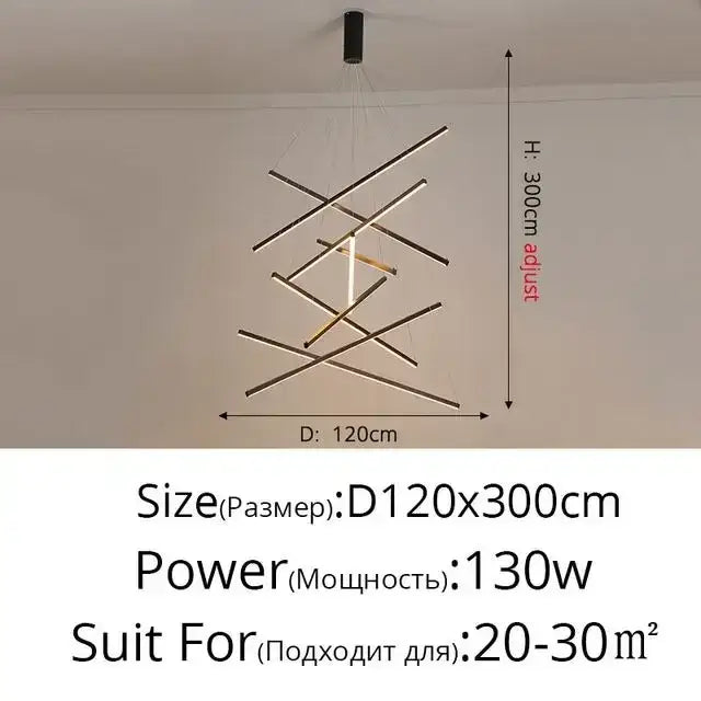 Modern minimalist decorbites™ led stair ceiling chandelier with intersecting black and gold metallic rods for contemporary interiors