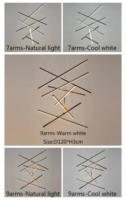 DecorBites™ led stair ceiling chandelier with seven or nine metallic arms and warm or cool white led lighting for living room