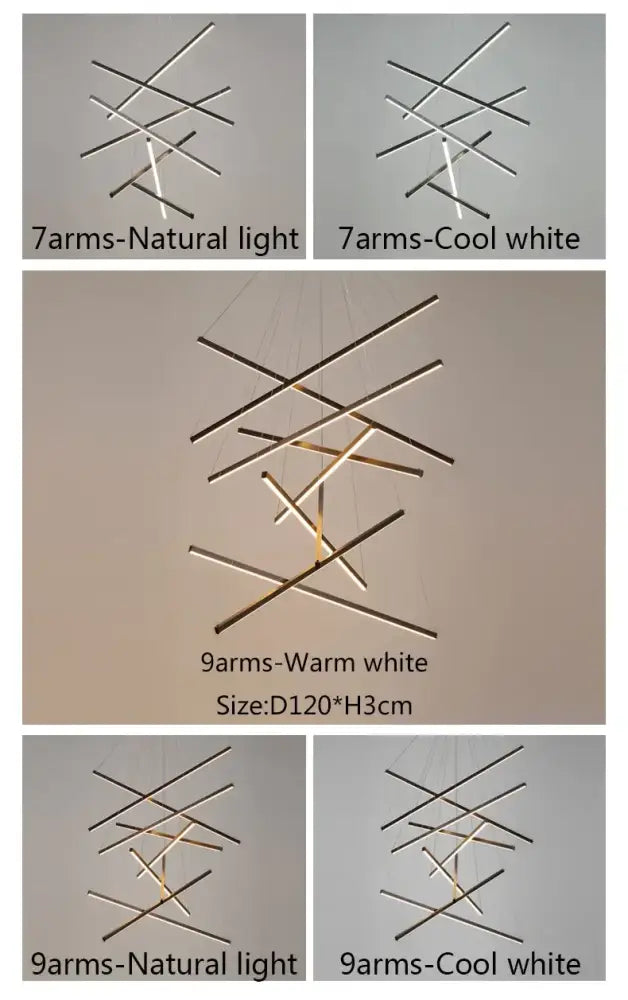 DecorBites™ led stair ceiling chandelier with seven or nine metallic arms and warm or cool white led lighting for living room