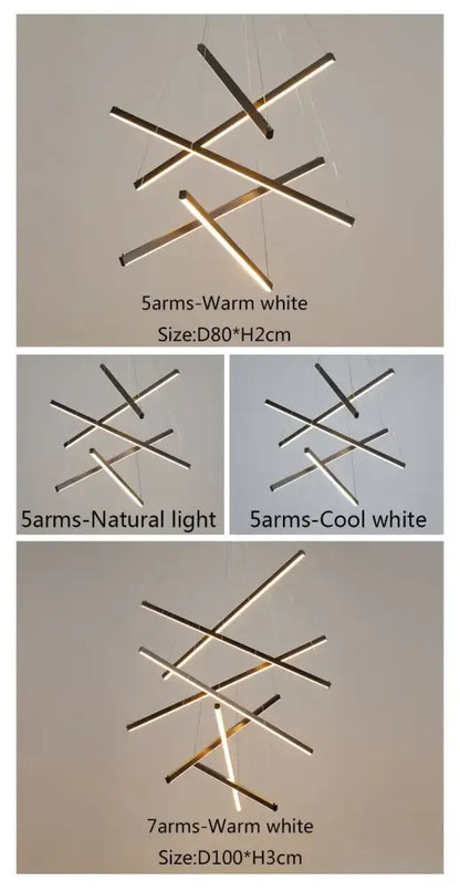 Modern minimalist decorbites™ led stair ceiling chandelier with intersecting metallic rods in warm white and natural light finishes