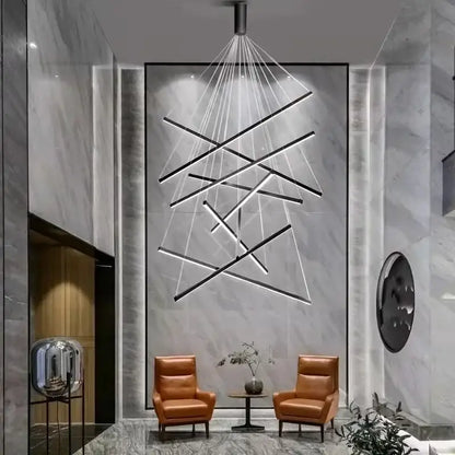 Modern black linear DecorBites™ LED stair ceiling chandelier with intersecting illuminated bars for living room stair ceiling