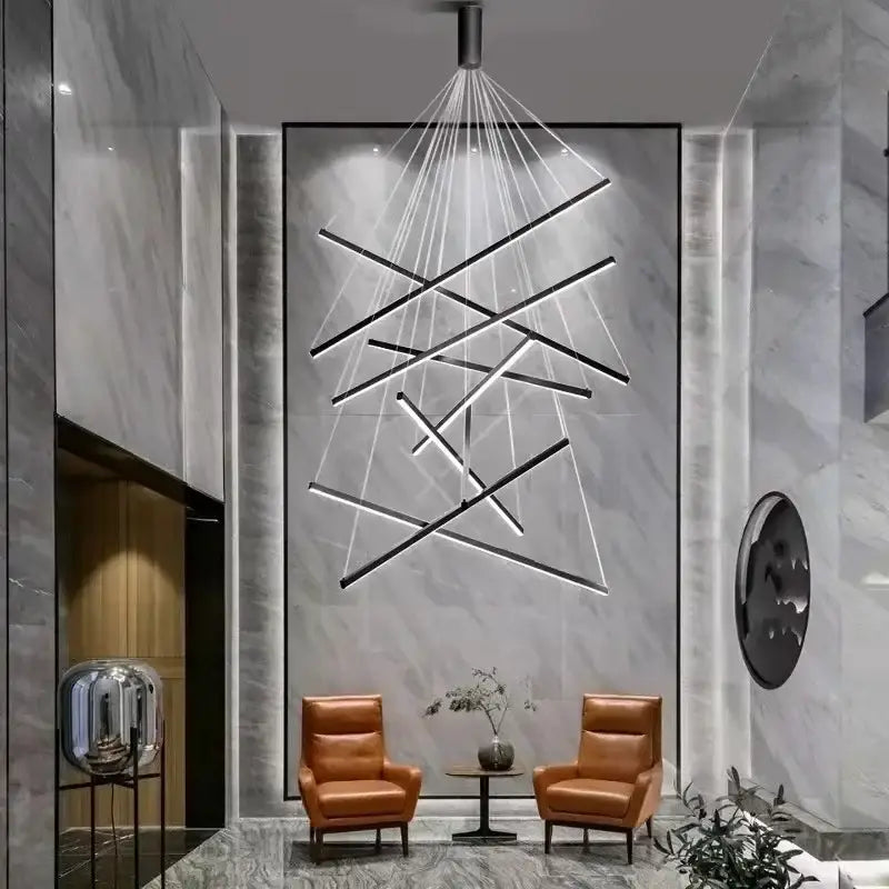 Modern black linear DecorBites™ LED stair ceiling chandelier with intersecting illuminated bars for living room stair ceiling