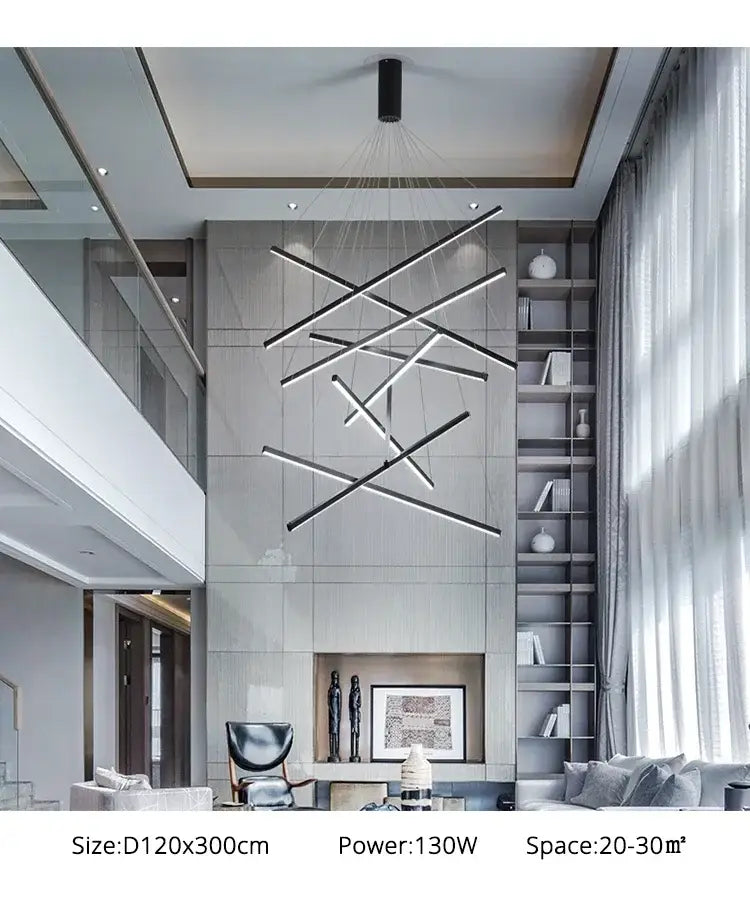 Modern black and white linear DecorBites™ LED stair ceiling chandelier with intersecting geometric bars for living room ceiling chandelier