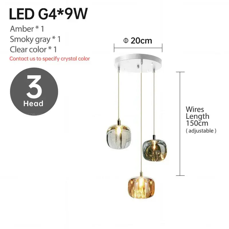 Modern decorbites led stair chandelier with amber, smoky gray, and clear glass globes from white ceiling mount