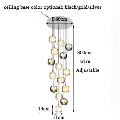 Adjustable 300cm decorbites led stair chandelier with circular base and cascading amber crystal glass globes for indoor use