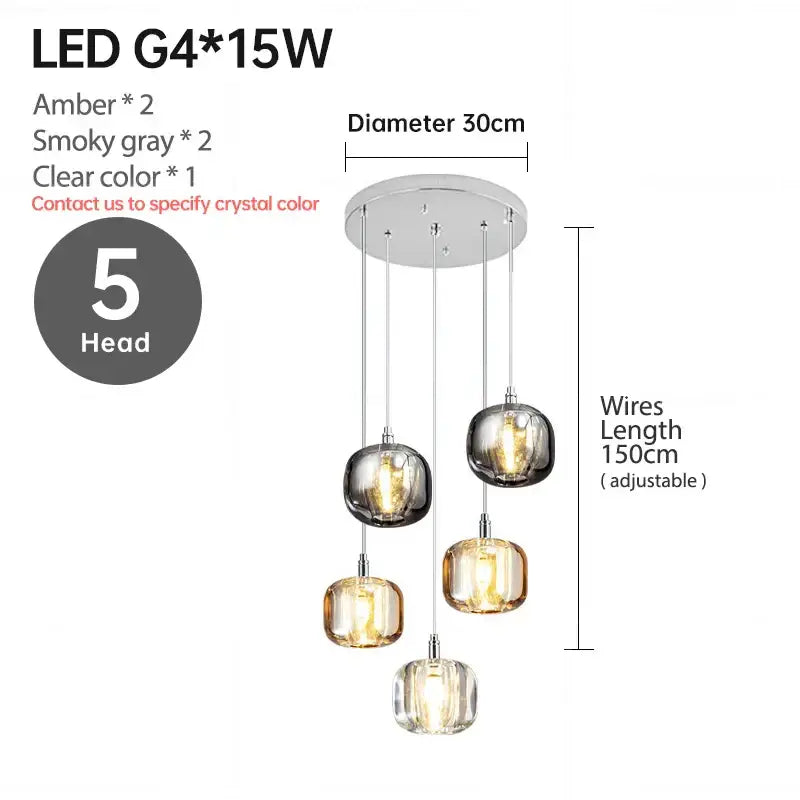 Modern five-head decorbites led stair chandelier with amber smoky gray and clear glass globes on chrome ceiling mount